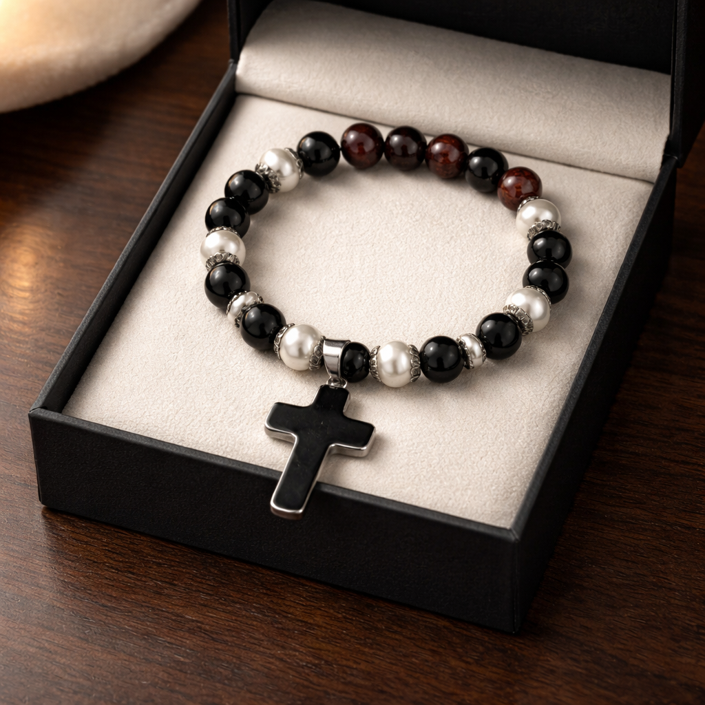 Black Obsidian Stone Cross Bracelet (MW)
