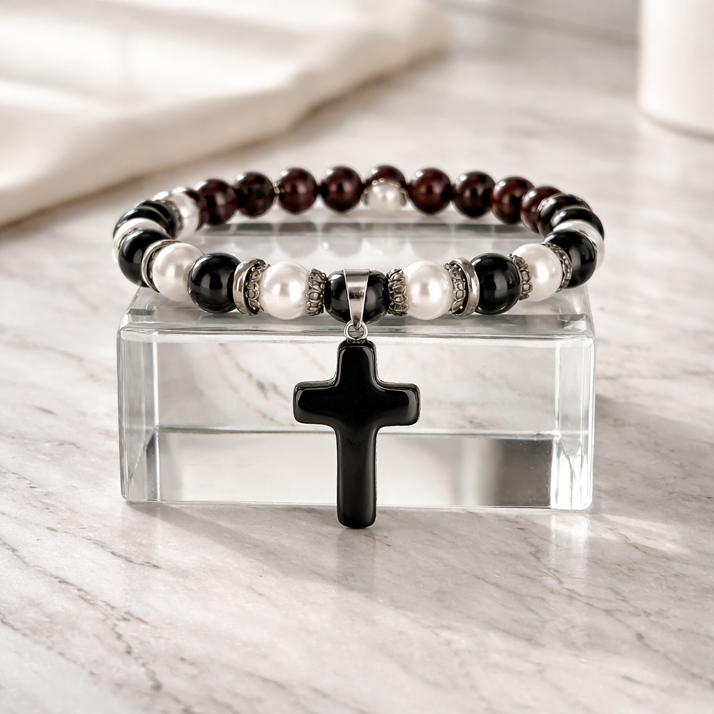 Black Obsidian Stone Cross Bracelet (MW)