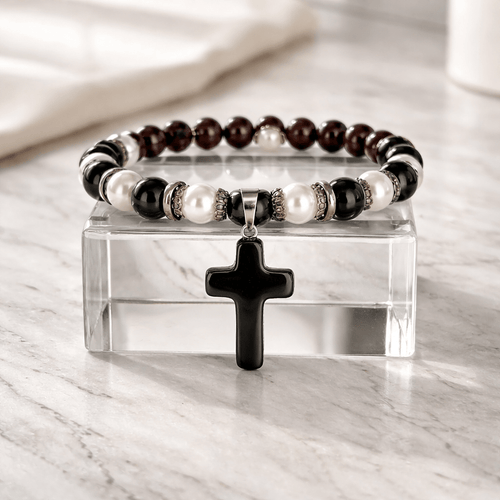 Black Obsidian Stone Cross Bracelet (MW) | Mamabug ReCreations - Artisan Jewelry