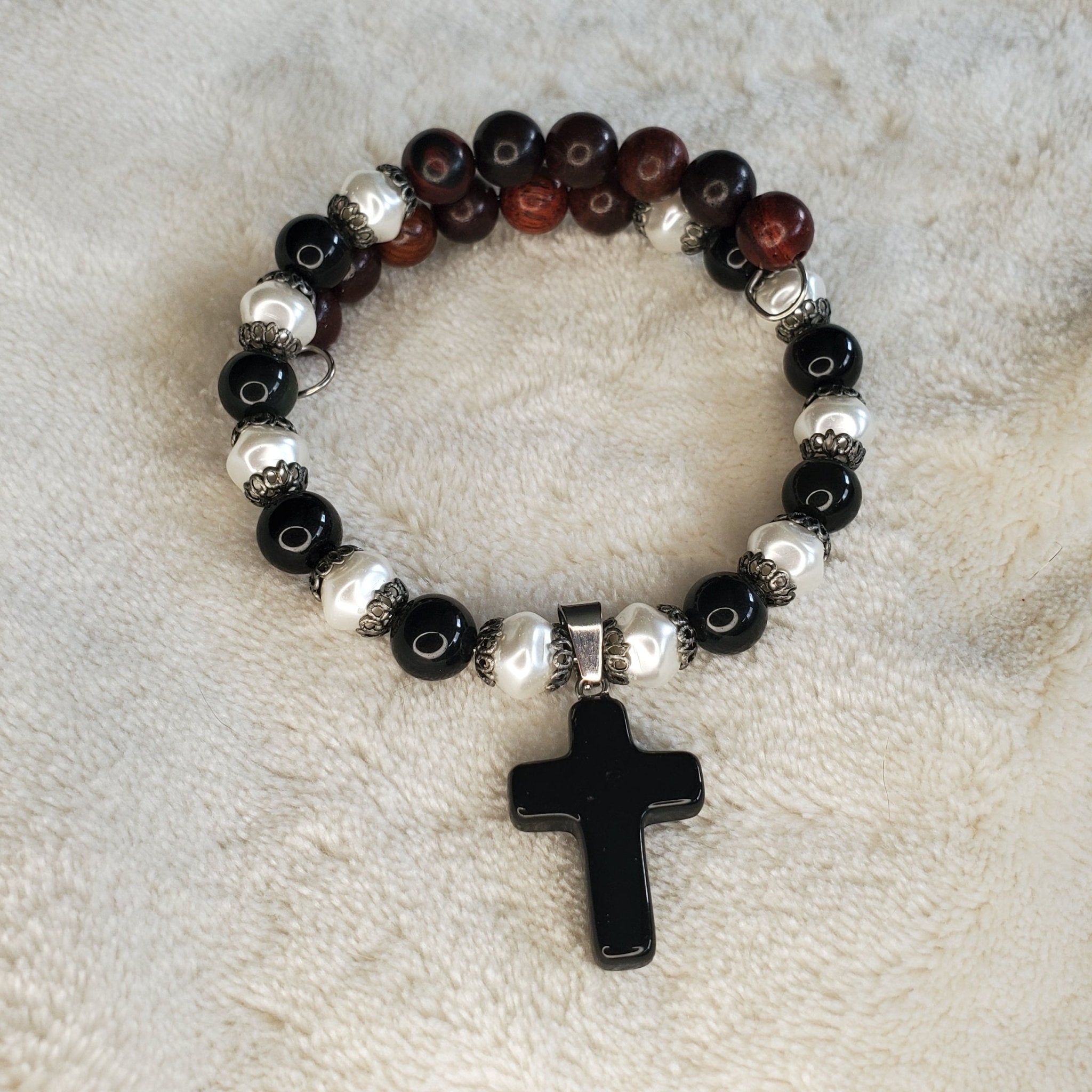 Black Obsidian Stone Cross Bracelet (MW) | Mamabug ReCreations - Artisan Jewelry