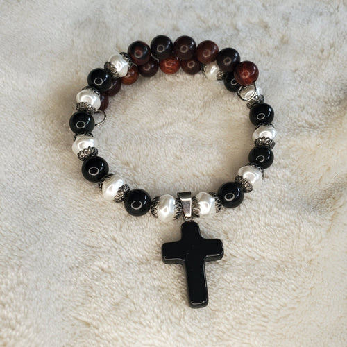 Black Obsidian Stone Cross Bracelet (MW) | Mamabug ReCreations - Artisan Jewelry