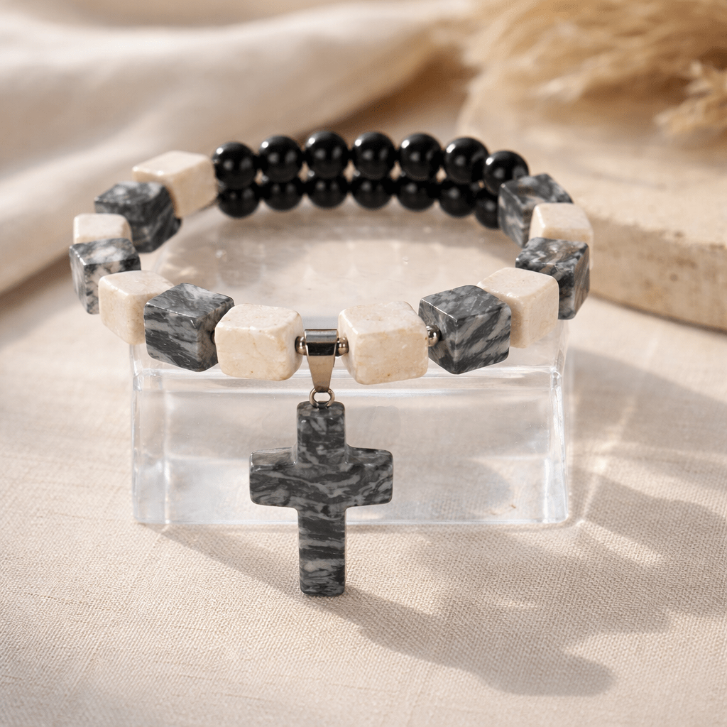 Gray Lace Agate Stone Cross Bracelet (MW)