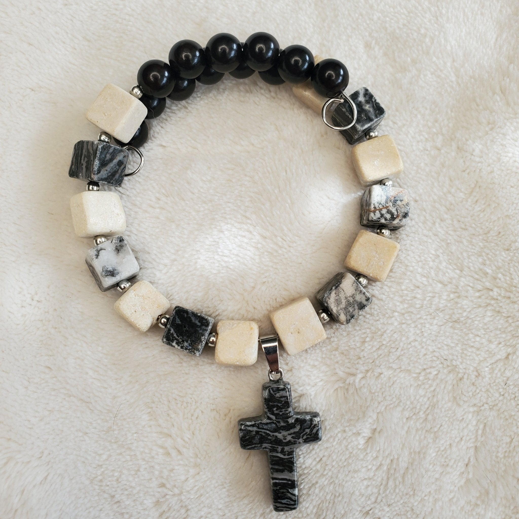 Gray Lace Agate Stone Cross Bracelet (MW) | Mamabug ReCreations - Artisan Jewelry