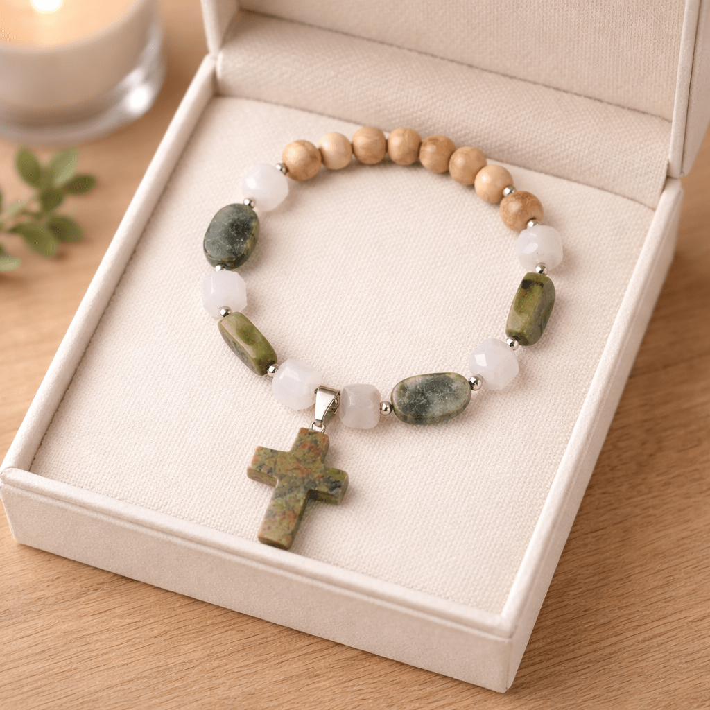 Green Mottled Unakite Stone Cross Bracelet (MW)