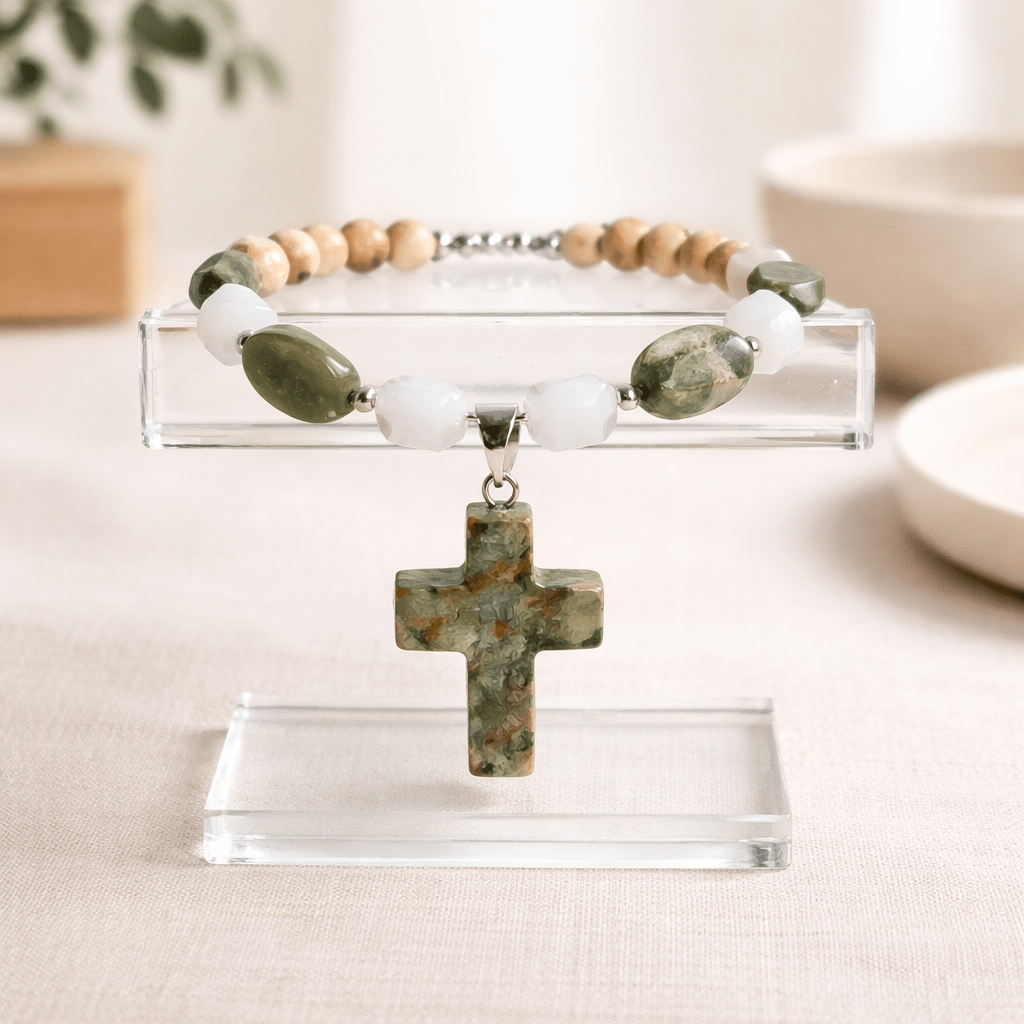Green Mottled Unakite Stone Cross Bracelet (MW)