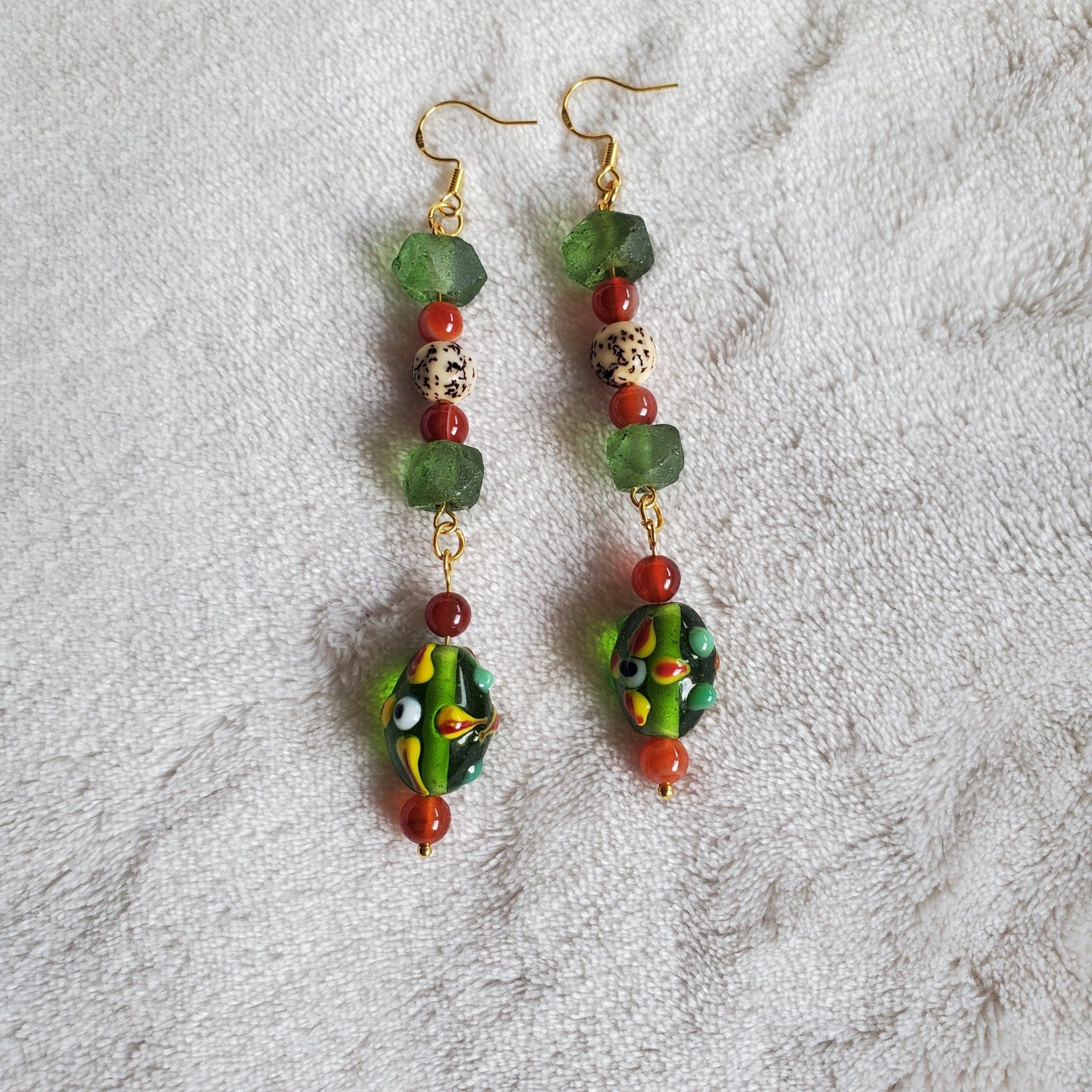Long Green Dangle Earrings | Mamabug ReCreations - Artisan Jewelry