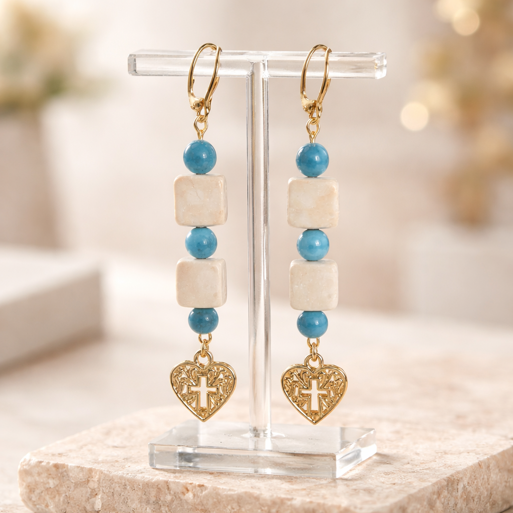 Gold Heart Cross Earrings