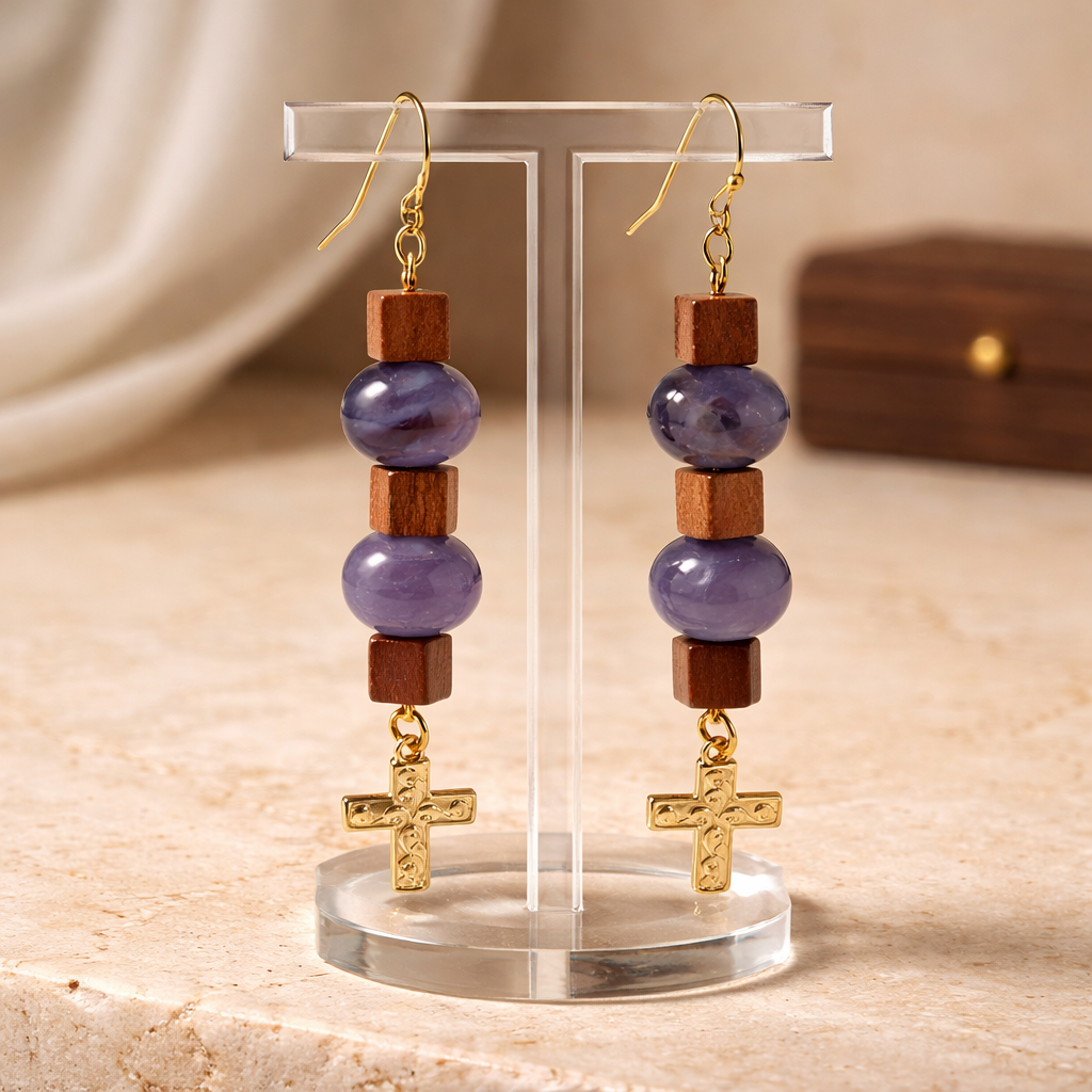 Gold Cross Earrings - Purple and Red