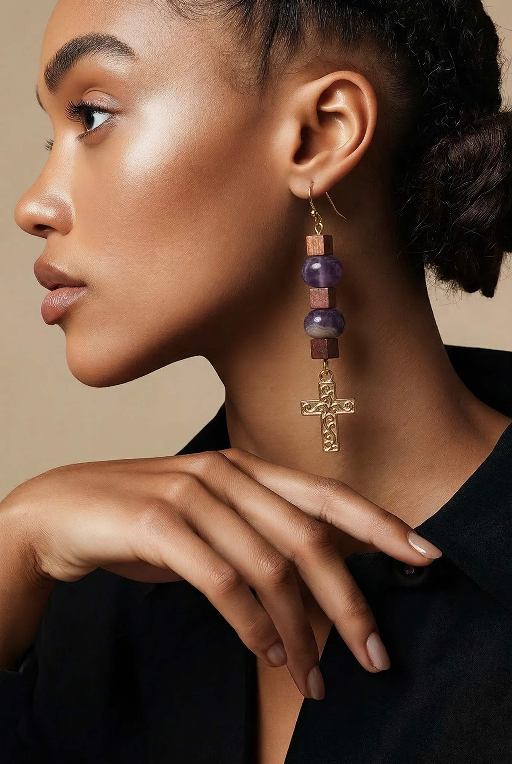 Gold Cross Earrings - Purple and Red