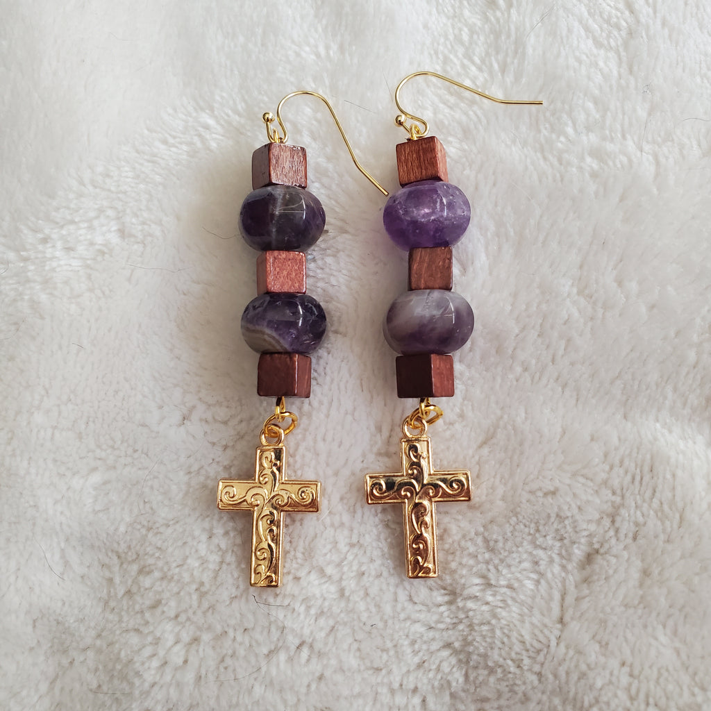 Gold Cross Earrings - Purple and Red