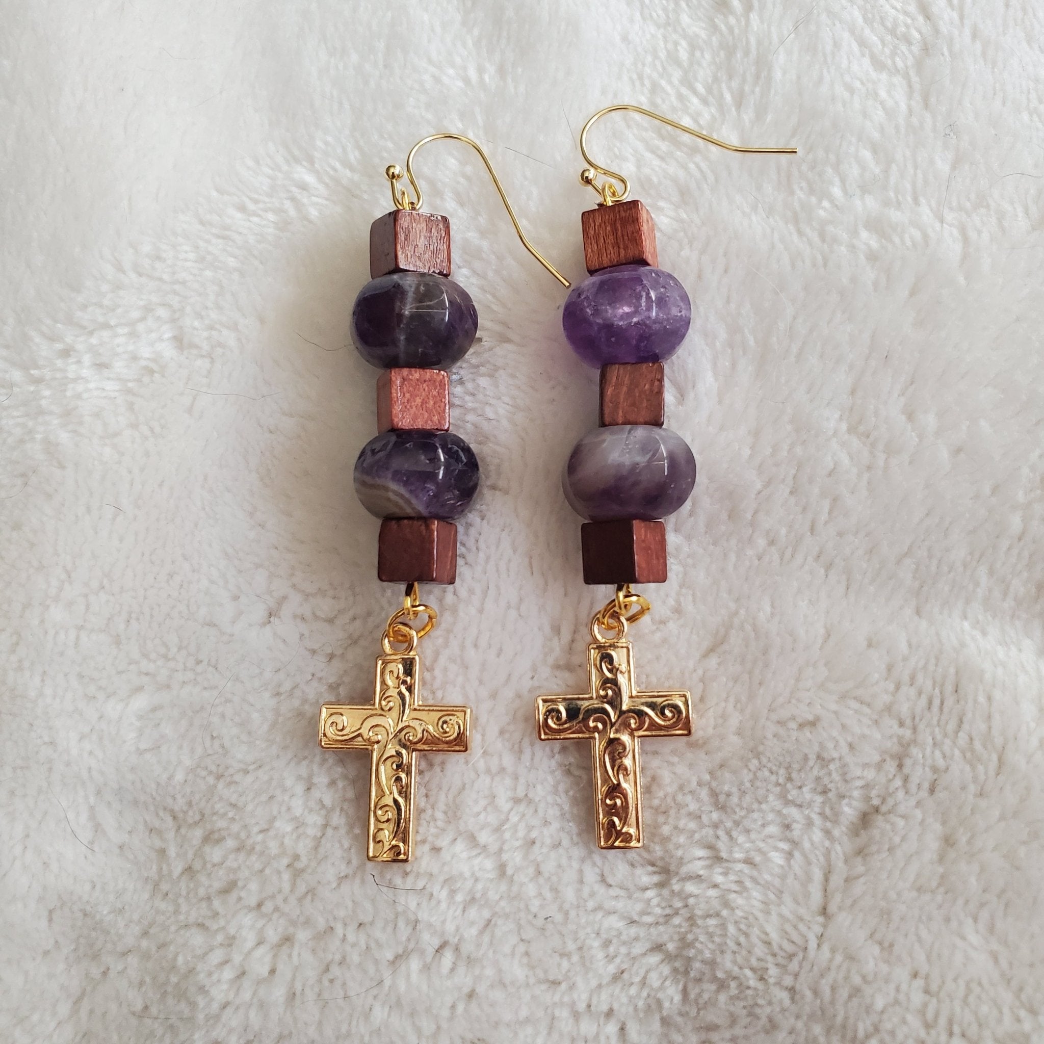 Gold Cross Earrings - Purple and Red | Mamabug ReCreations - Artisan Jewelry
