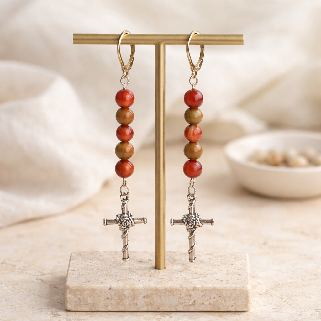 Silver Rose and Thorns Cross Earrings