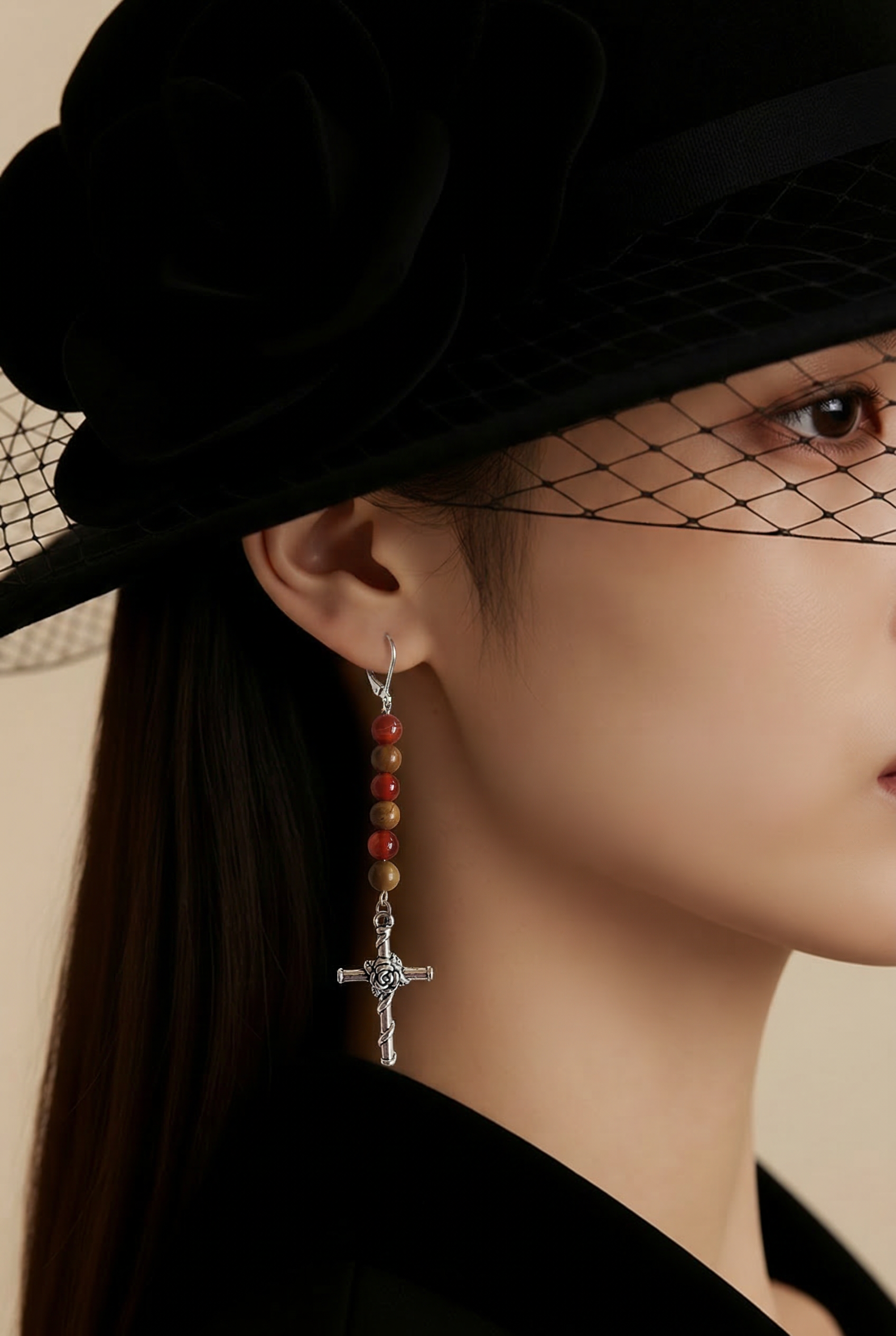 Silver Rose and Thorns Cross Earrings