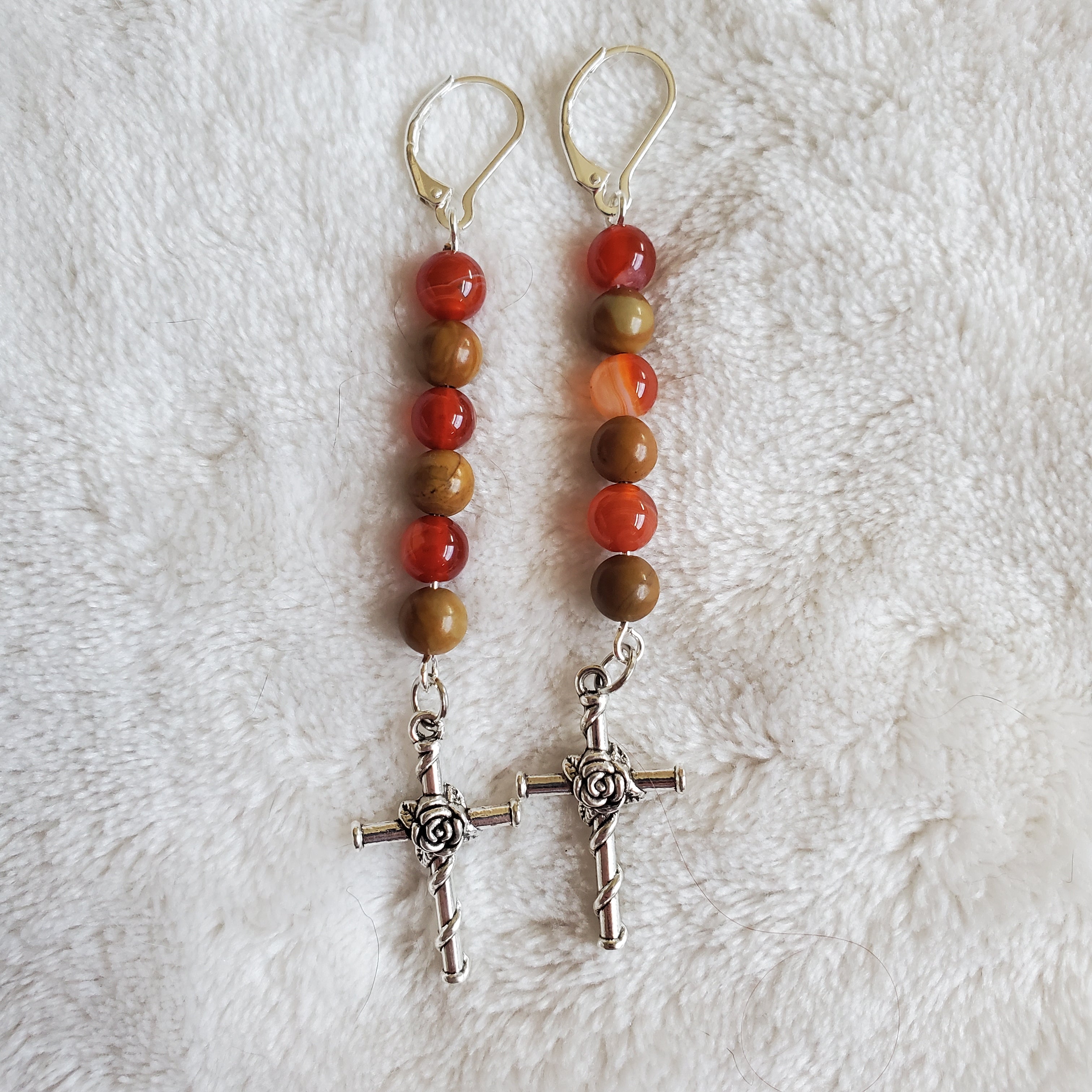 Silver Rose and Thorns Cross Earrings