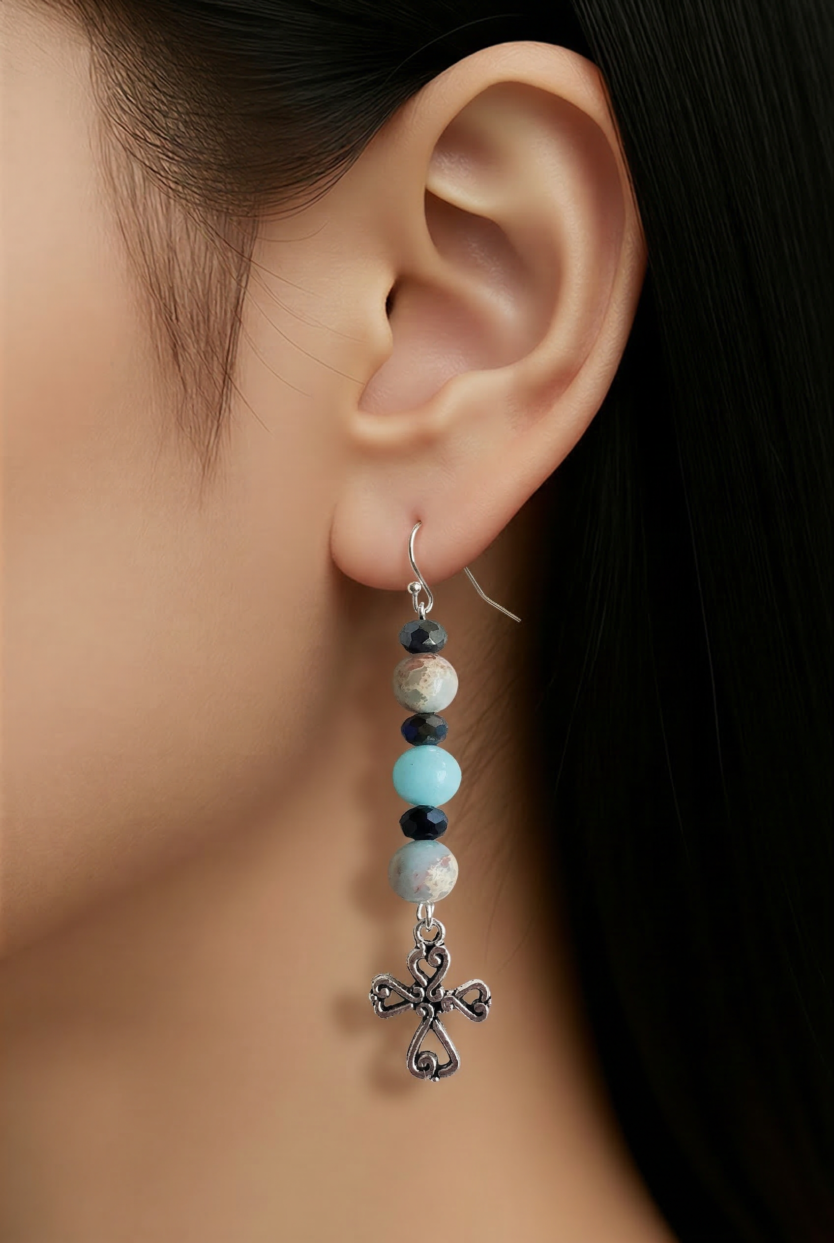 Silver Heart Knot Cross Earrings
