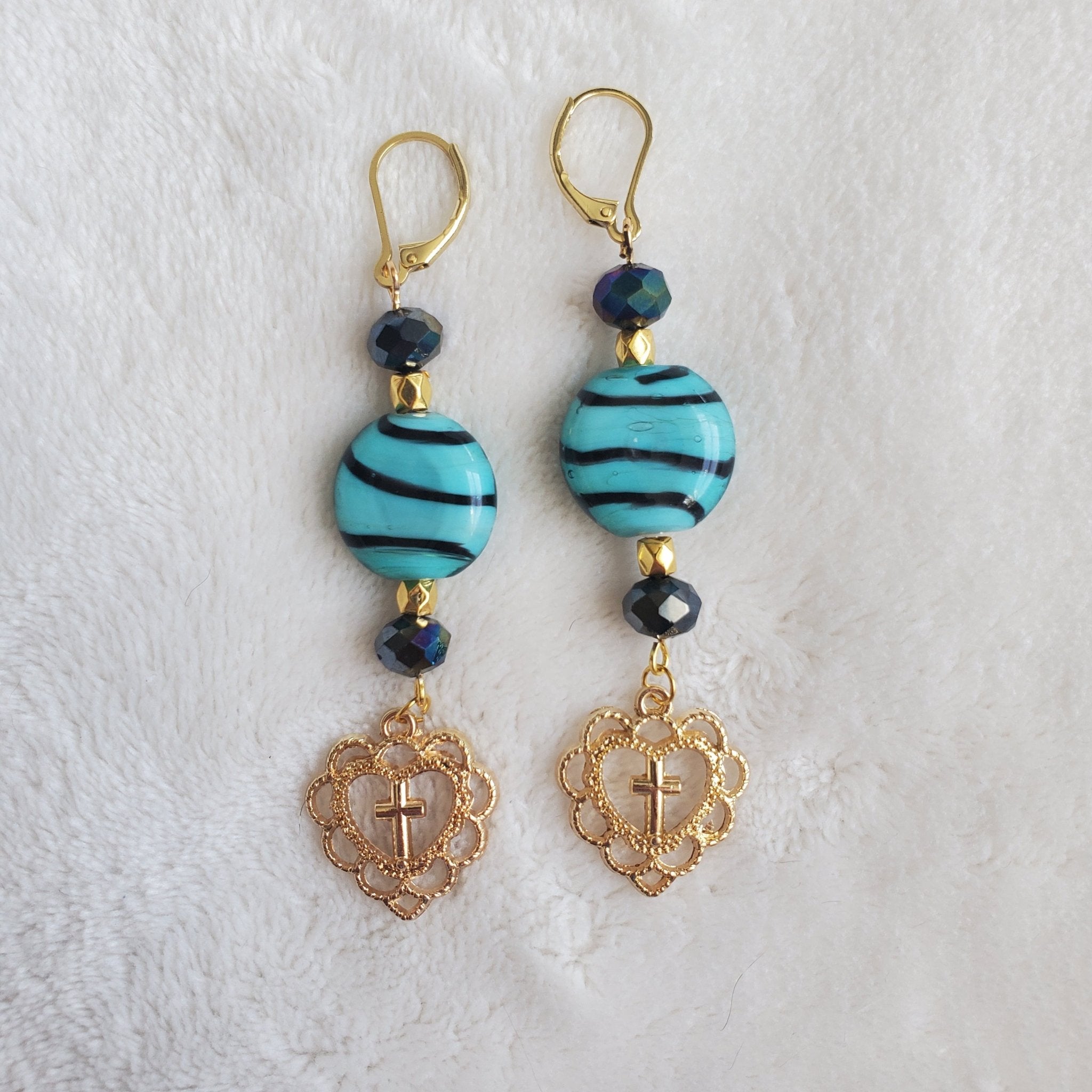 Gold Filigree Heart with Cross Earrings | Mamabug ReCreations - Artisan Jewelry