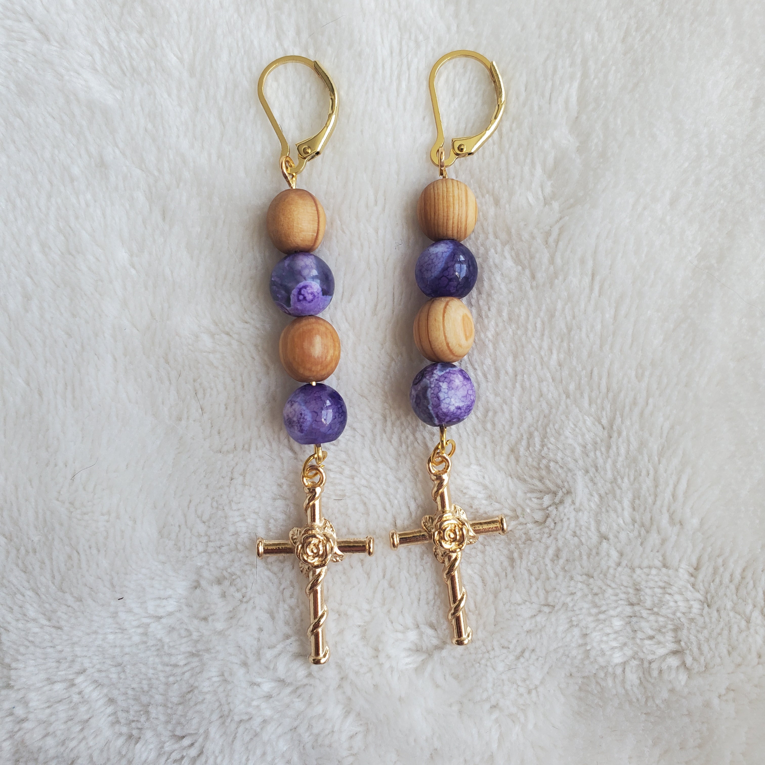 Gold Cross with Roses and Thorns Earrings