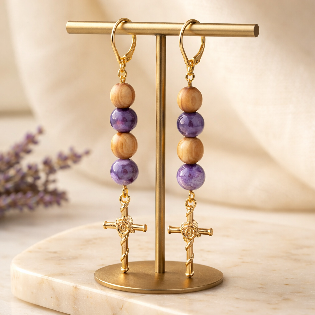 Gold Cross with Roses and Thorns Earrings