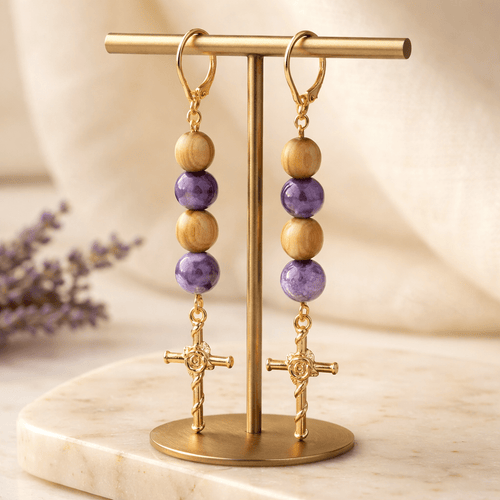 Gold Cross with Roses and Thorns Earrings | Mamabug ReCreations - Artisan Jewelry