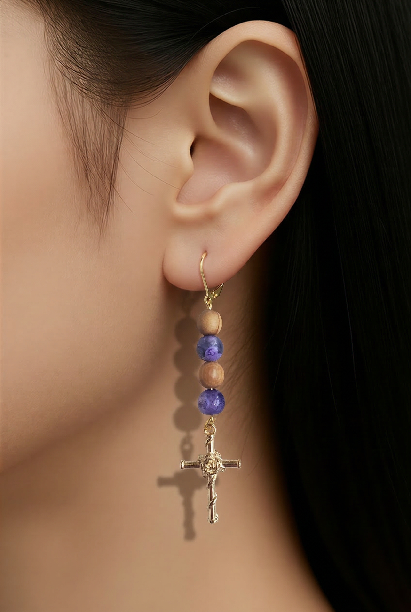 Gold Cross with Roses and Thorns Earrings