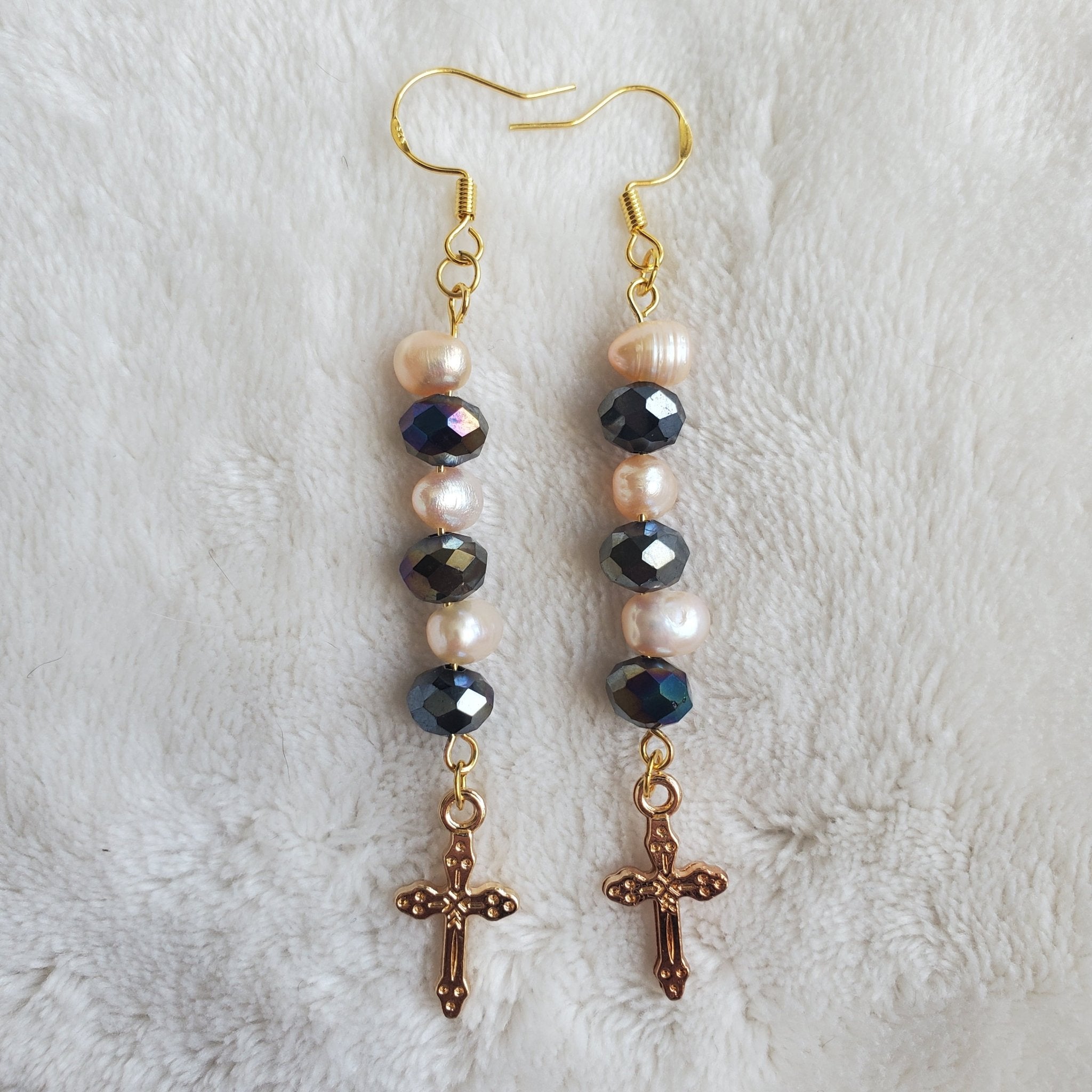 Gold Cross Earrings - Pearls and Crystals | Mamabug ReCreations - Artisan Jewelry