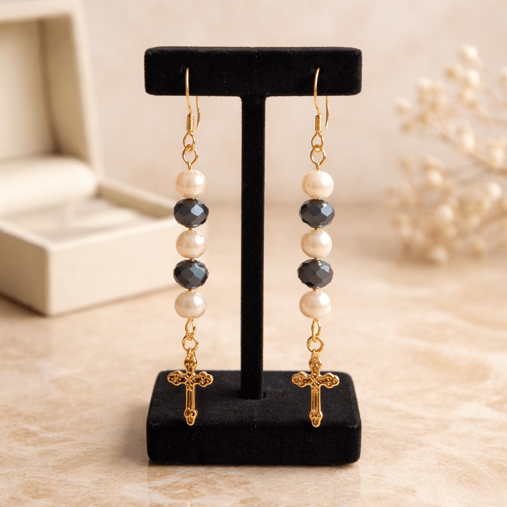 Gold Cross Earrings - Pearls and Crystals