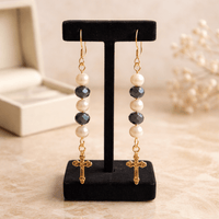 Gold Cross Earrings - Pearls and Crystals