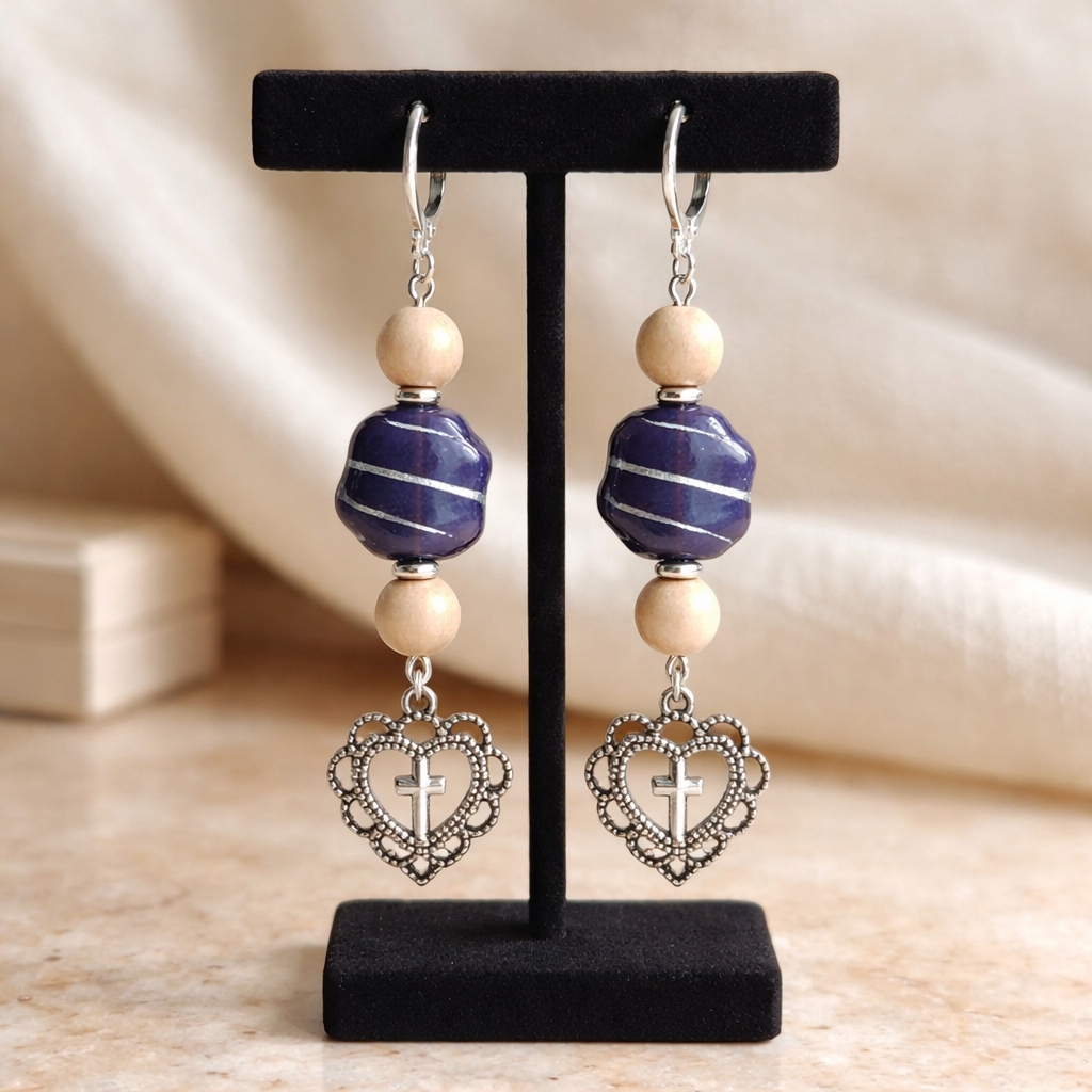 Silver Lacy Heart with Cross Earrings