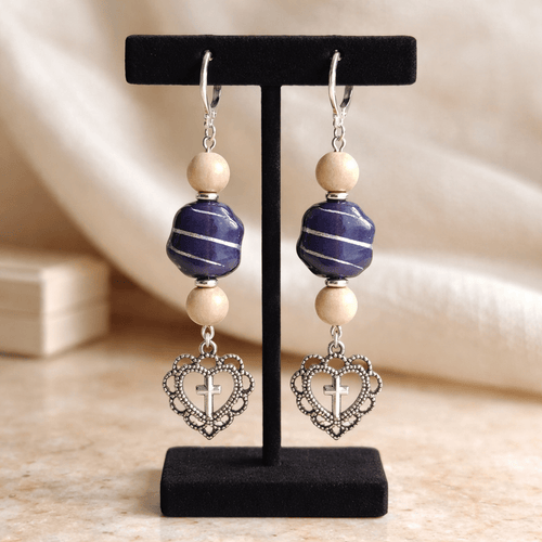 Silver Lacy Heart with Cross Earrings | Mamabug ReCreations - Artisan Jewelry