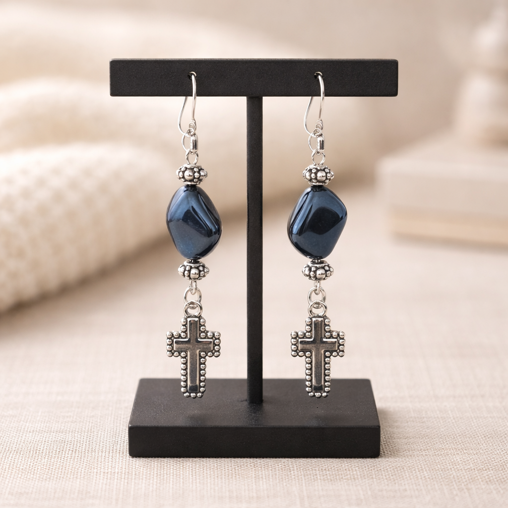 Silver Studded Cross Earrings