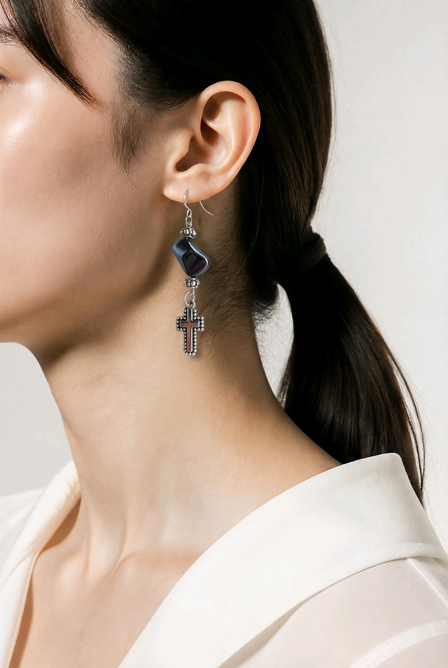 Silver Studded Cross Earrings