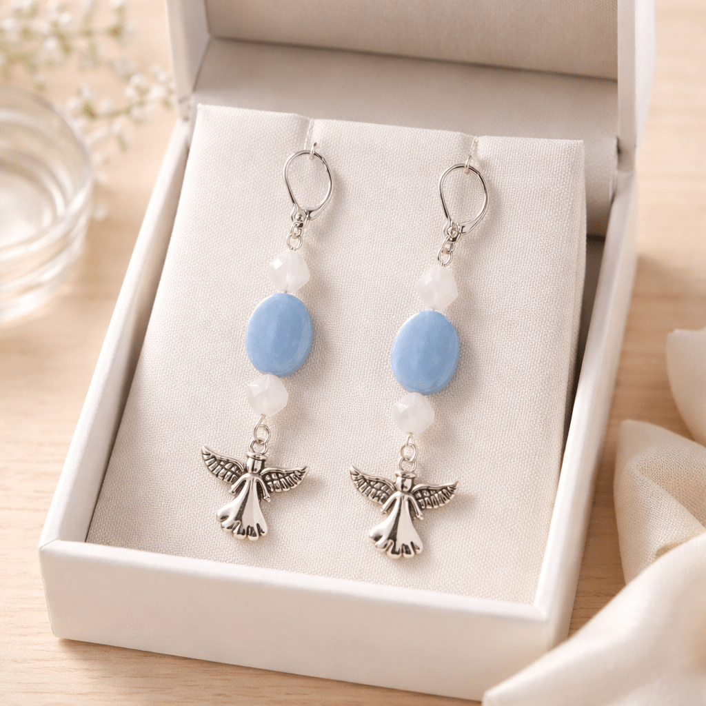 Silver Angel Earrings with Angelite and White Crystals