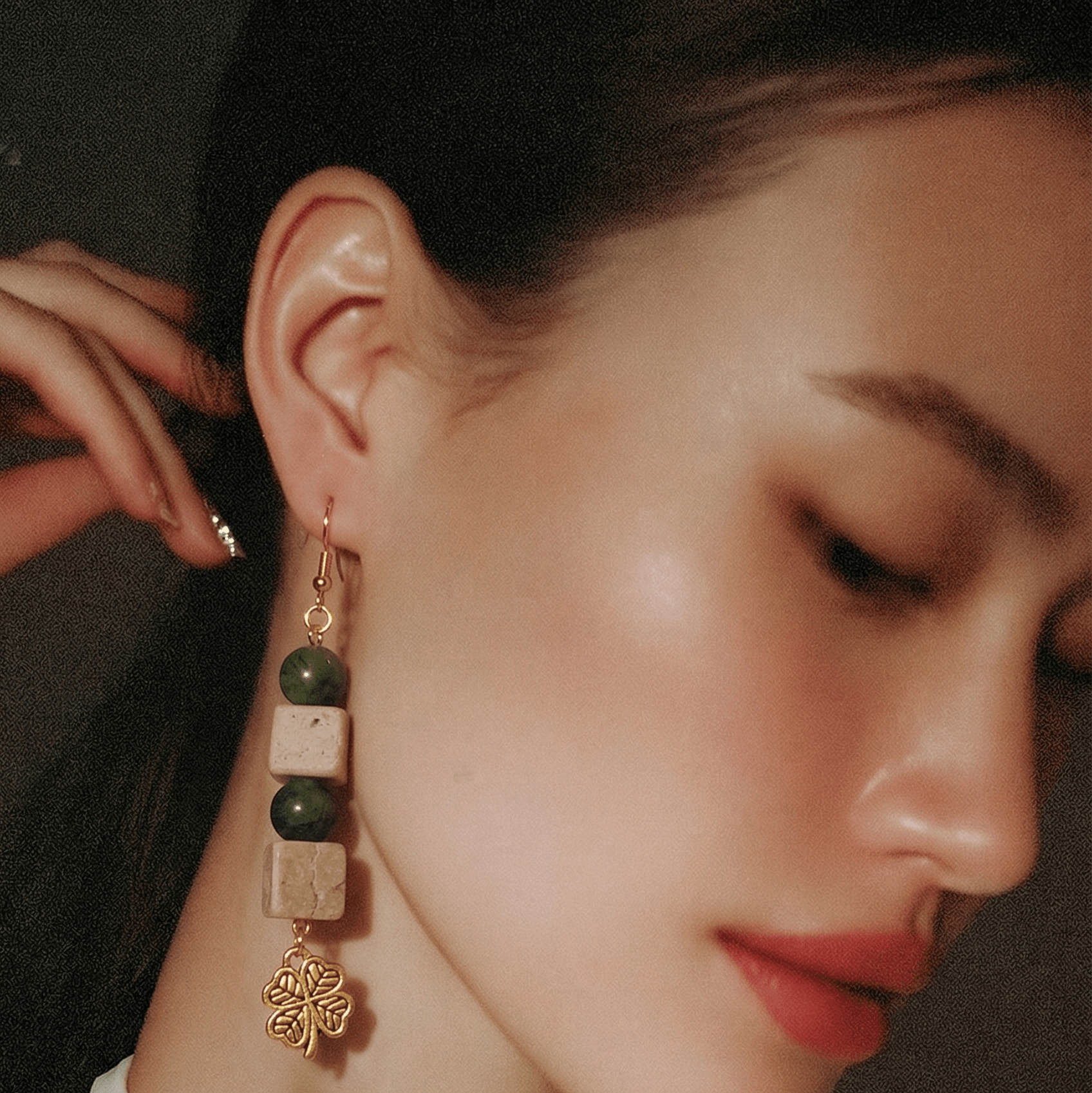 Shamrock Earrings - Green Beige and Gold