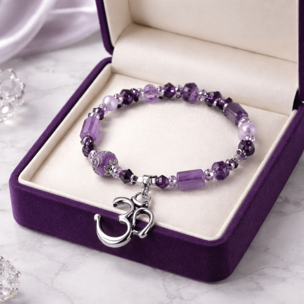 Silver Om with Purple Beads Bracelet (MW)
