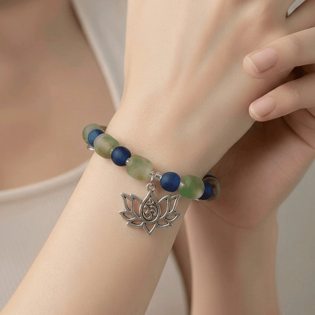 Silver Lotus and Om with "Earth" Glass Beads Bracelet (MW)