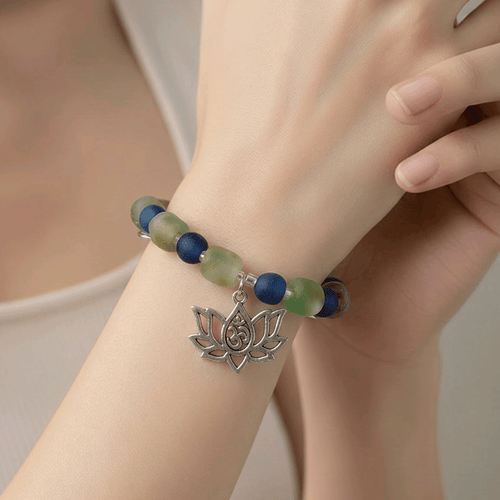 Silver Lotus and Yogi with "Earth" Glass Beads Bracelet (MW) | Mamabug ReCreations - Artisan Jewelry