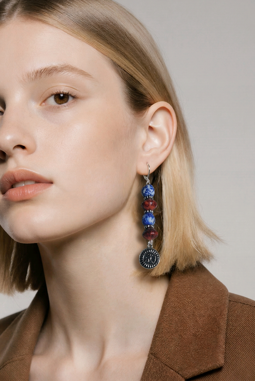 Blue and Red Silver Om Earrings