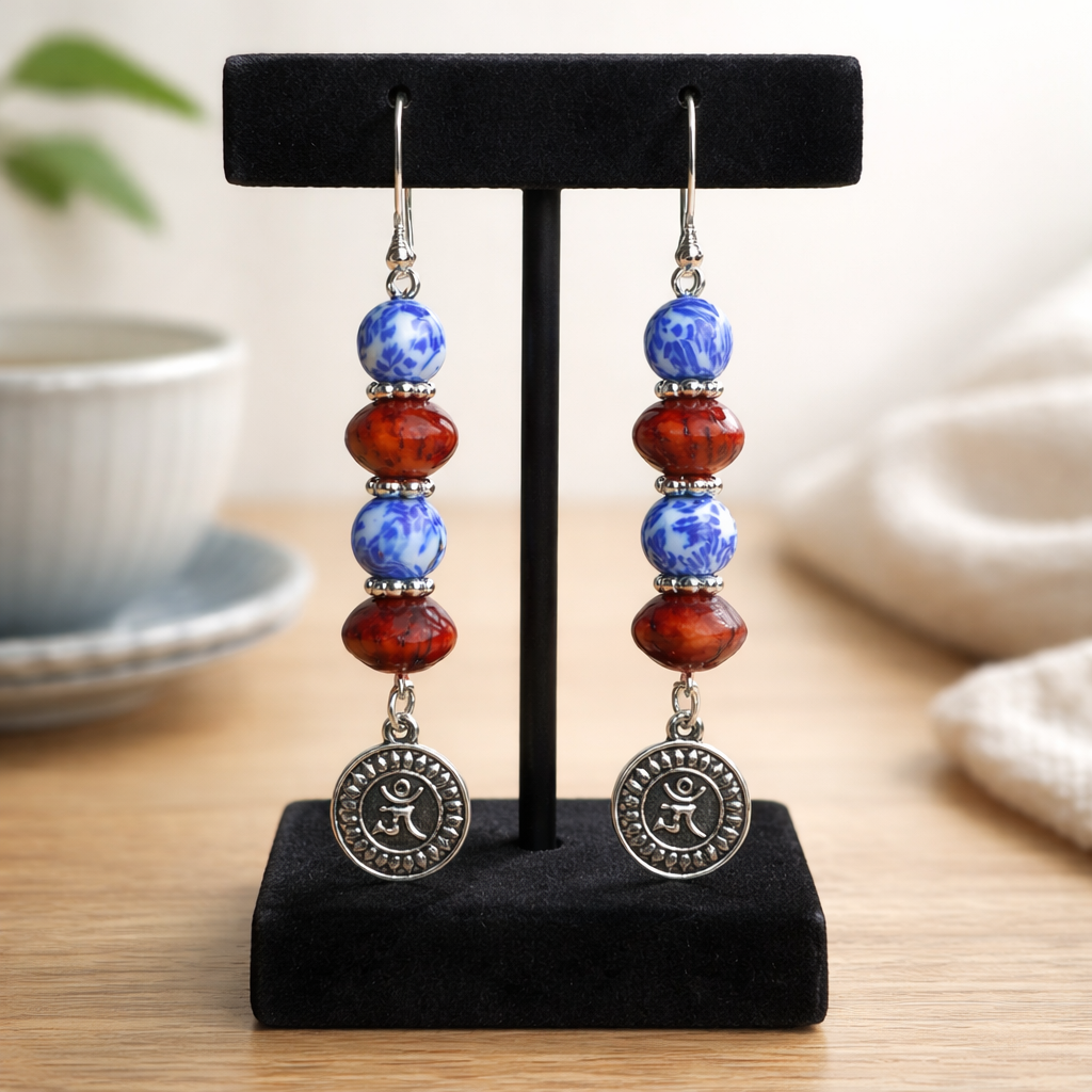 Blue and Red Silver Om Earrings