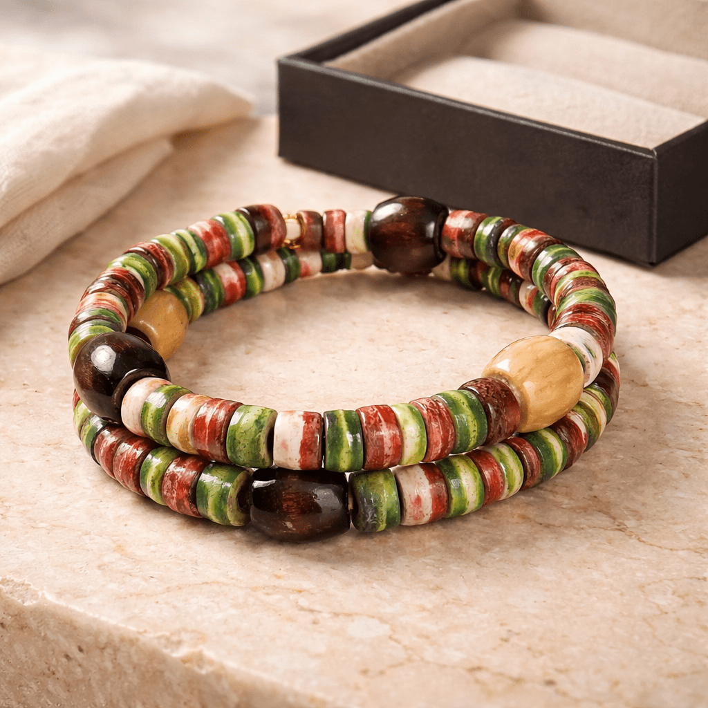 Green and Red Wooden Bead Bracelet (MW)