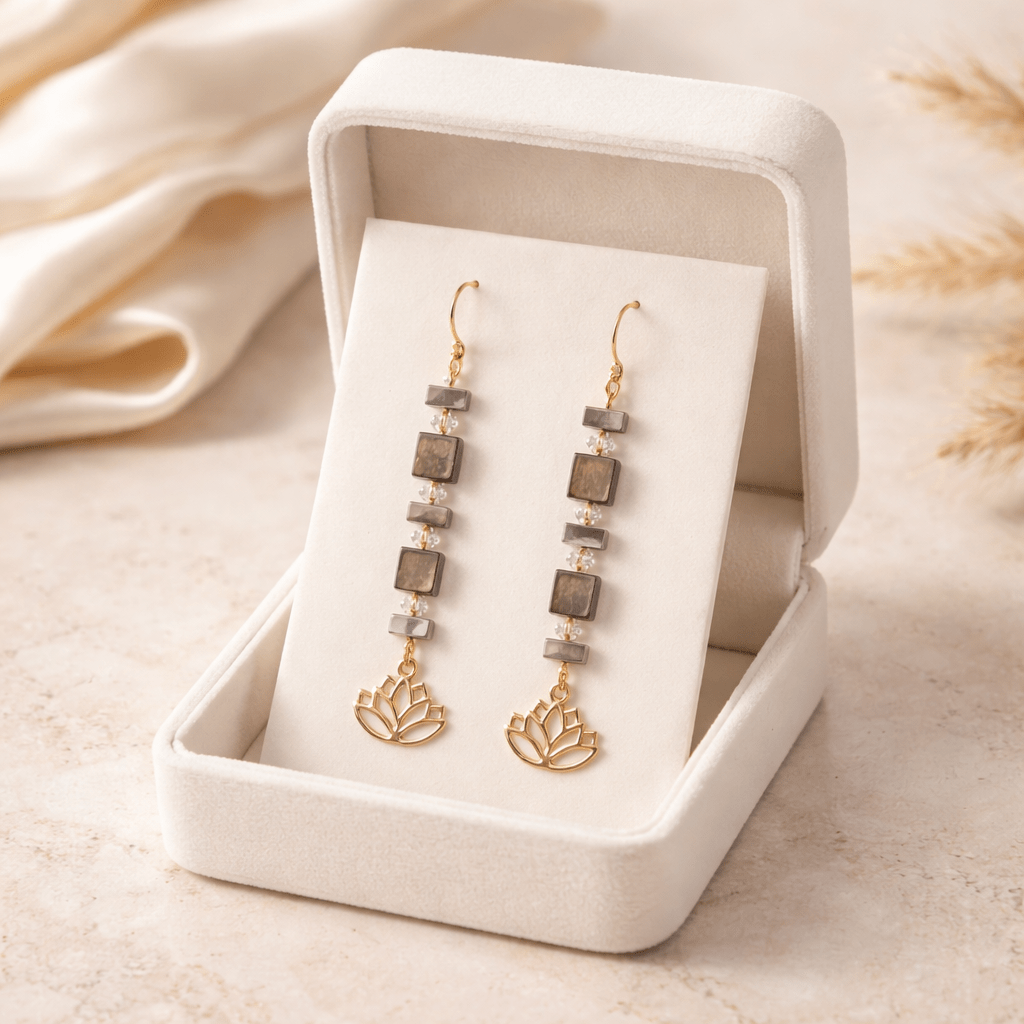 Gold Lotus Earrings with Amethyst and Red Wood