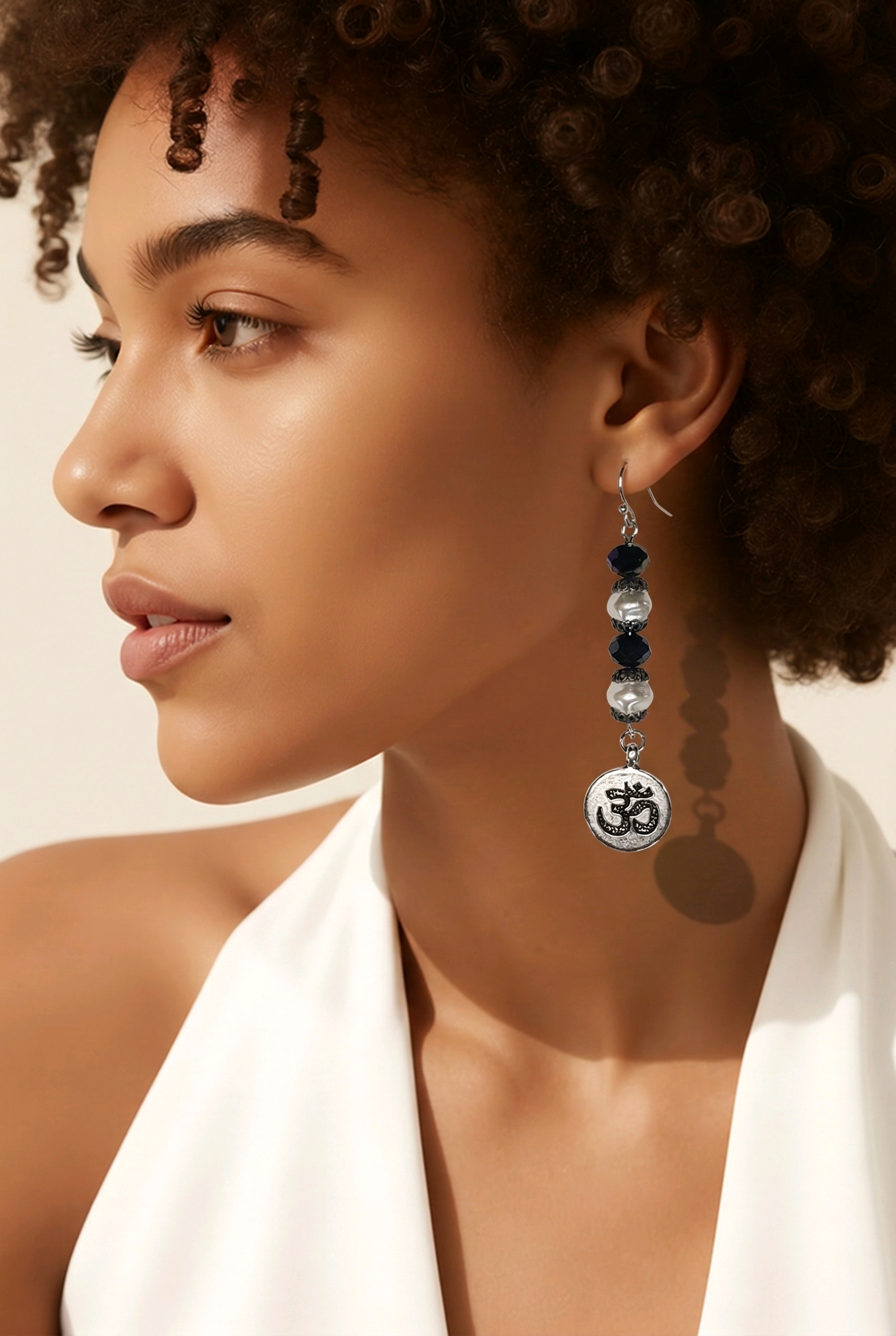 Silver Om Earrings with Crystals and Pearls