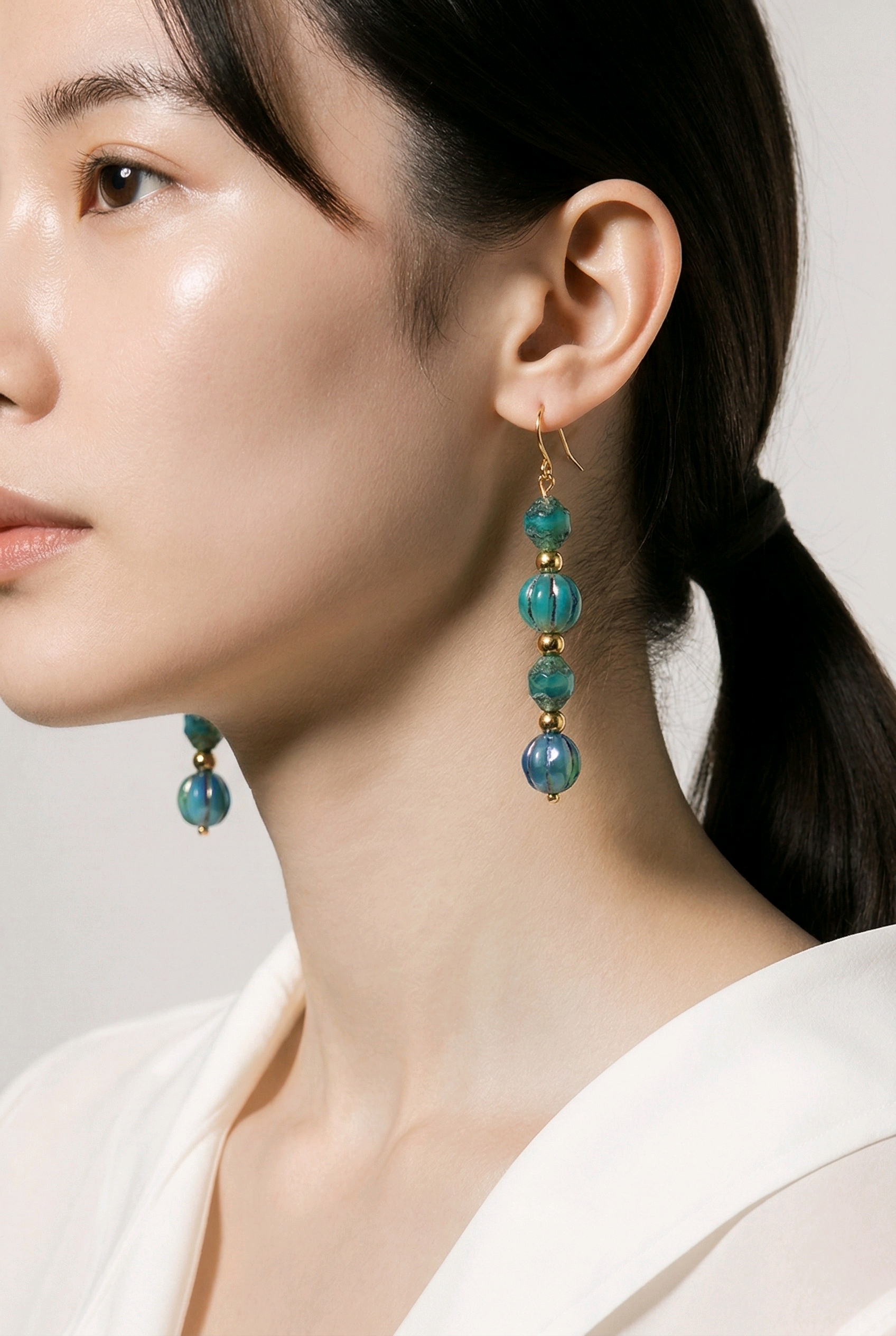 Blue Melon Earrings with Gold Accents