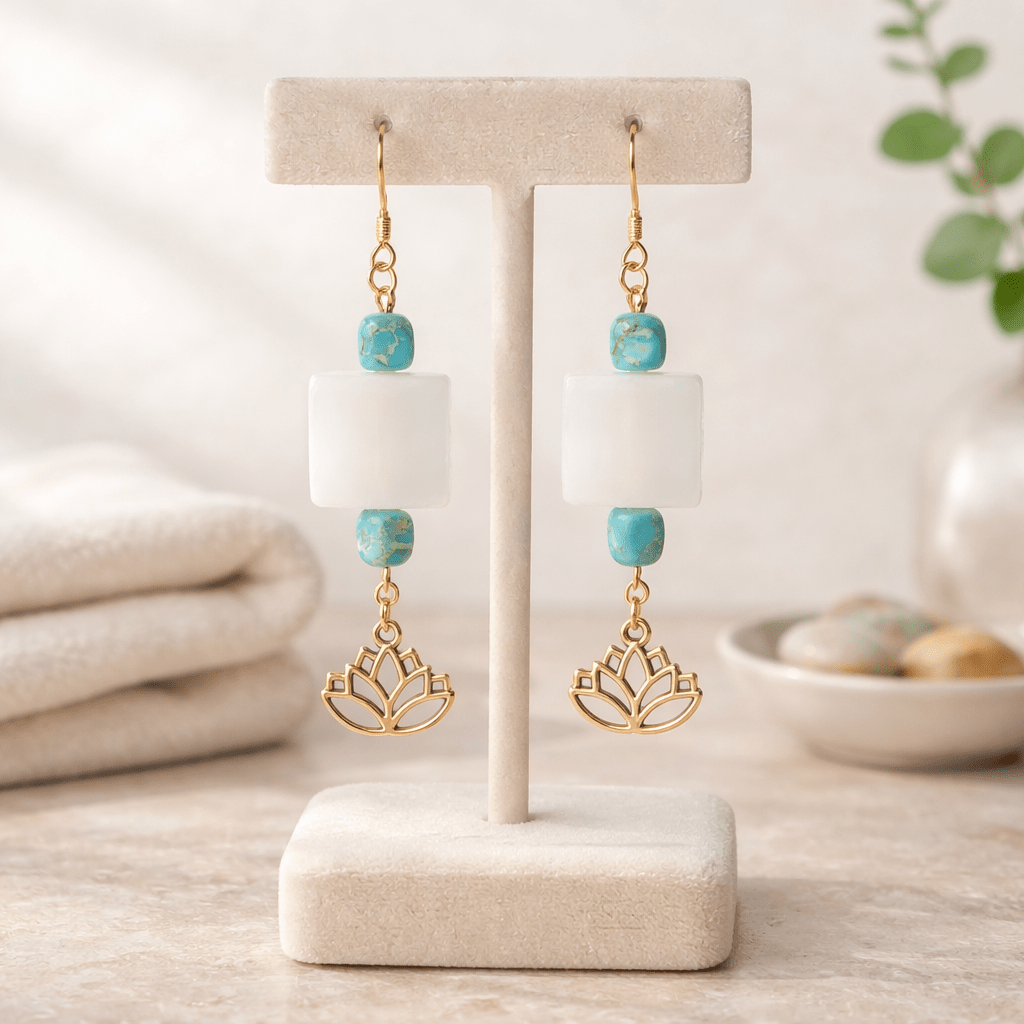 White Jade Earrings with Gold Lotus Charms