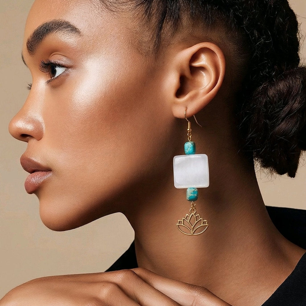 White Jade Earrings with Gold Lotus Charms
