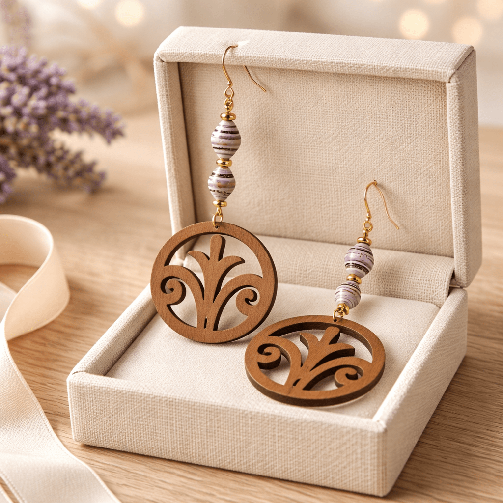 Wooden Fleur de Lis and Recycled Bead Earrings
