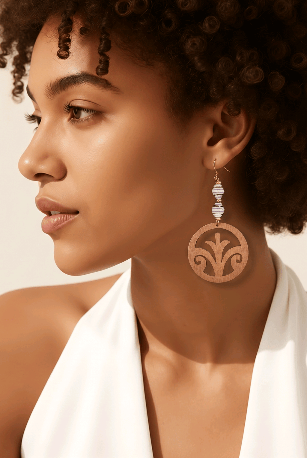 Wooden Fleur de Lis and Recycled Bead Earrings