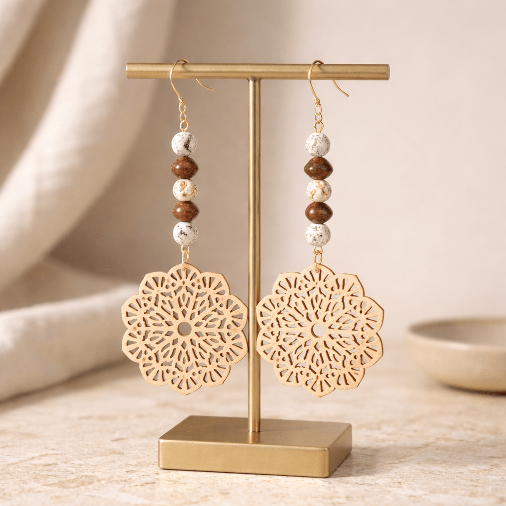 Brown Wooden Snowflake and Recycled Seed Bead Earrings