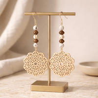 Brown Wooden Snowflake and Recycled Seed Bead Earrings