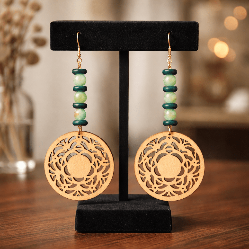 Brown Wooden Coin and Recycled Glass Earrings