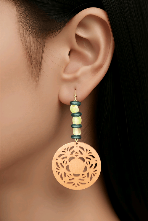 Brown Wooden Coin and Recycled Glass Earrings | Mamabug ReCreations - Artisan Jewelry